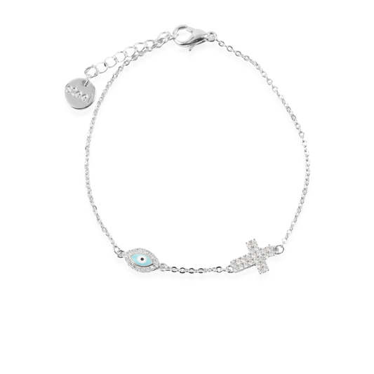 Βραχιόλι με ματάκι και σταυρό Mar and Mar Sancia Cross Silver από ανοξείδωτο ατσάλι