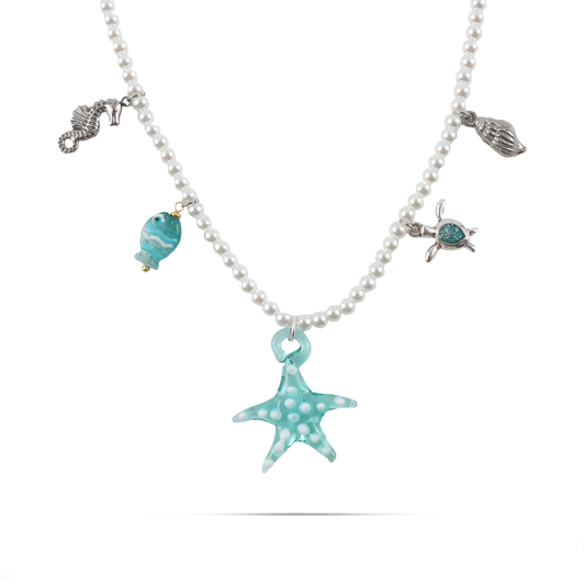 Γυναικείο χειροποίητο κολιέ Mar and Mar Ainsley (Turquoise) με γυαλί Μουράνο και πέρλες από ανοξέιδωτο ατσάλι φυσικές