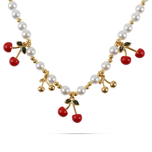 Κολιέ με κερασάκια και πέρλες Mar and Mar Pearly Cherries από ανοξείδωτο ατσάλι