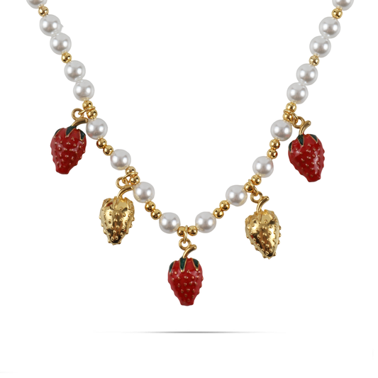 Κολιέ με φράουλες και πέρλες Mar and Mar Pearly Strawberries από ανοξείδωτο ατσάλι