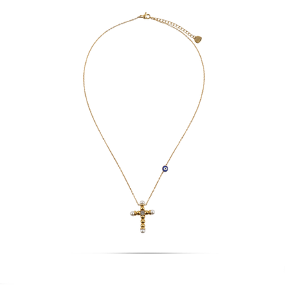 Κολιέ σταυρός με ματάκι και πέρλες Mar and Mar Anevyx από ανοξείδωτο ατσάλι