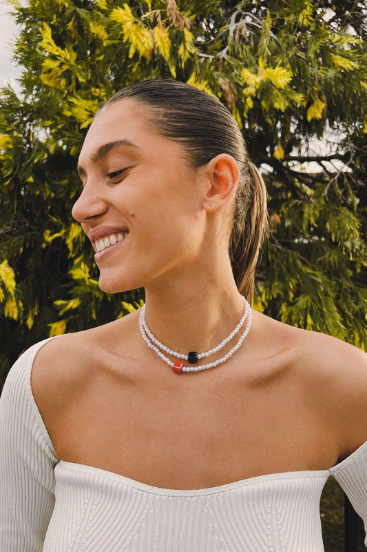 Κολιέ choker χειροποίητο με κύβο και πέρλες Mar and Mar Pearly Cube από ανοξείδωτο ατσάλι